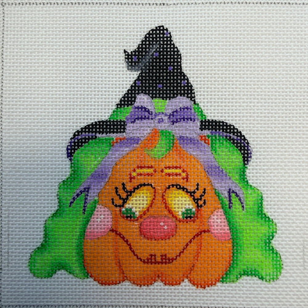 Halloween Pumpkin Witch Hand Painted Needlepoint Canvas Janet Burnett Vintage